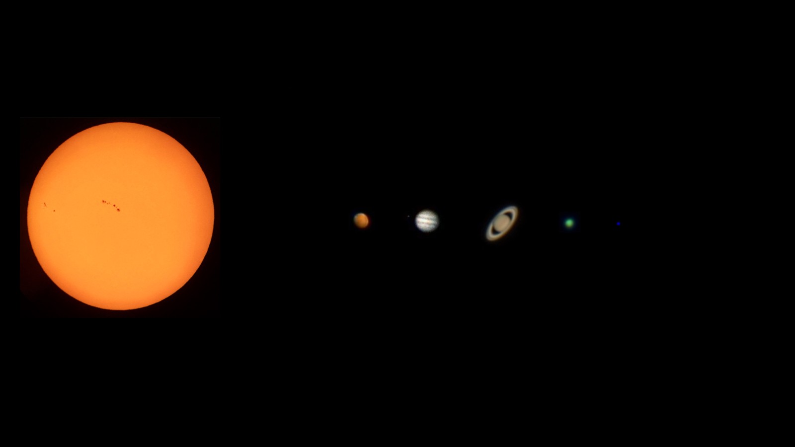 A mosaic of the Sun and five planets shot to scale