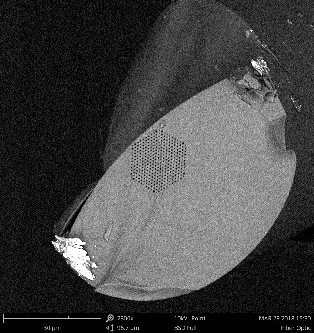 Scanning electron micrograph of the cleaved end of an optical fiber