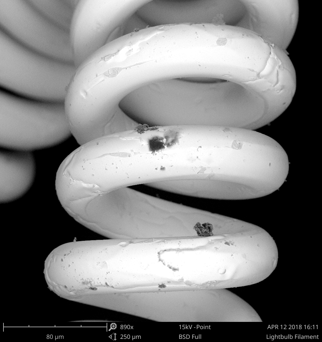 Close scanning electron micrograph of the tungsten filament wire showing it is a coiled coil