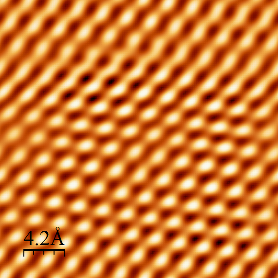 Scanning tunneling micrograph resolving individual carbon atoms on graphite, false-colored