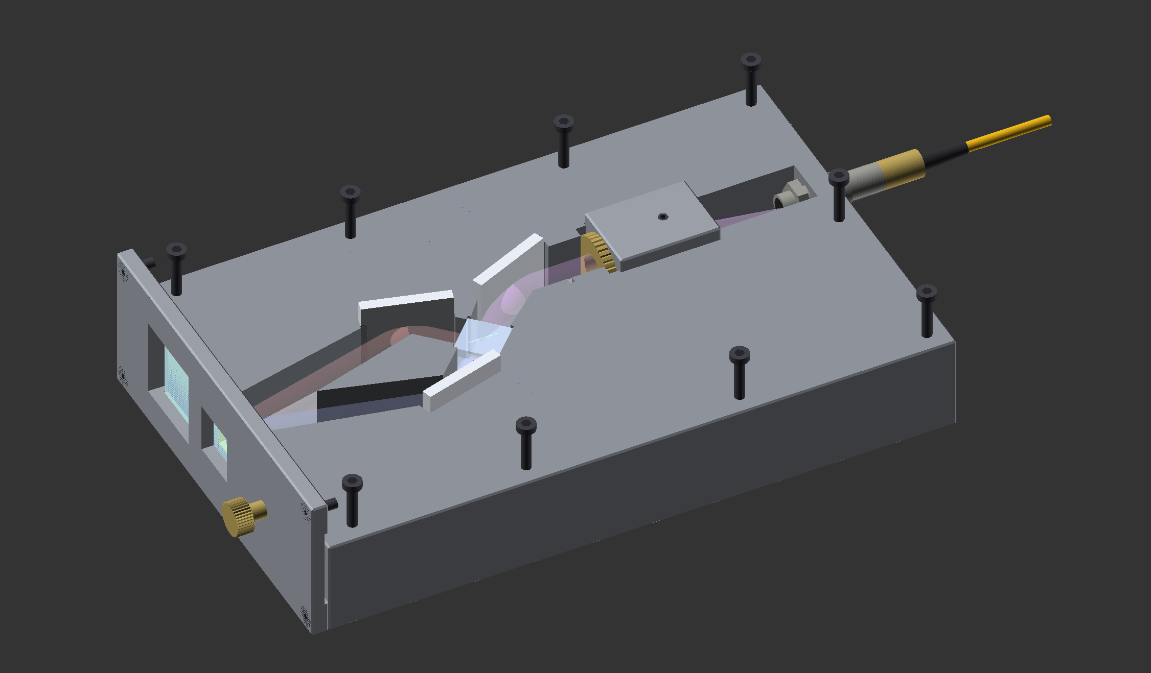 OpenSCAD model of the v3 design showing the diamond beamsplitter layout with symmetric beam paths