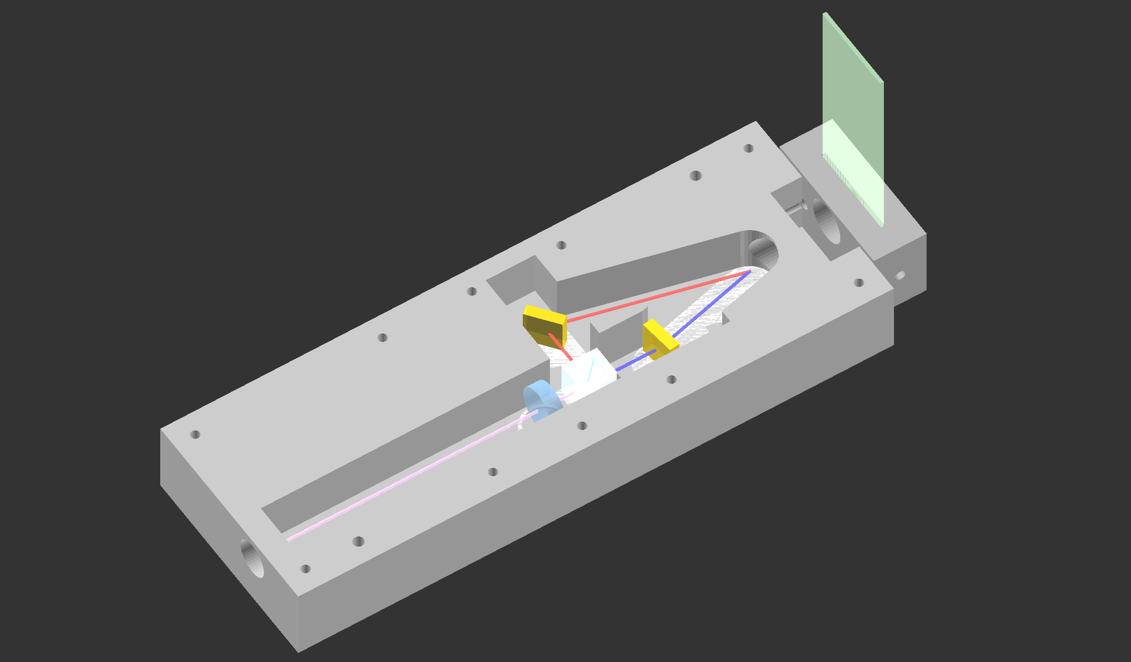 OpenSCAD model of the v1 design showing the asymmetric beam paths